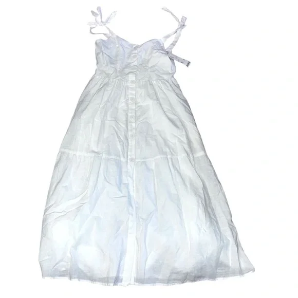 Urban Outfitters Positano Midi Dress Tie Shoulder White Pockets Linen Size M - Picture 2 of 4